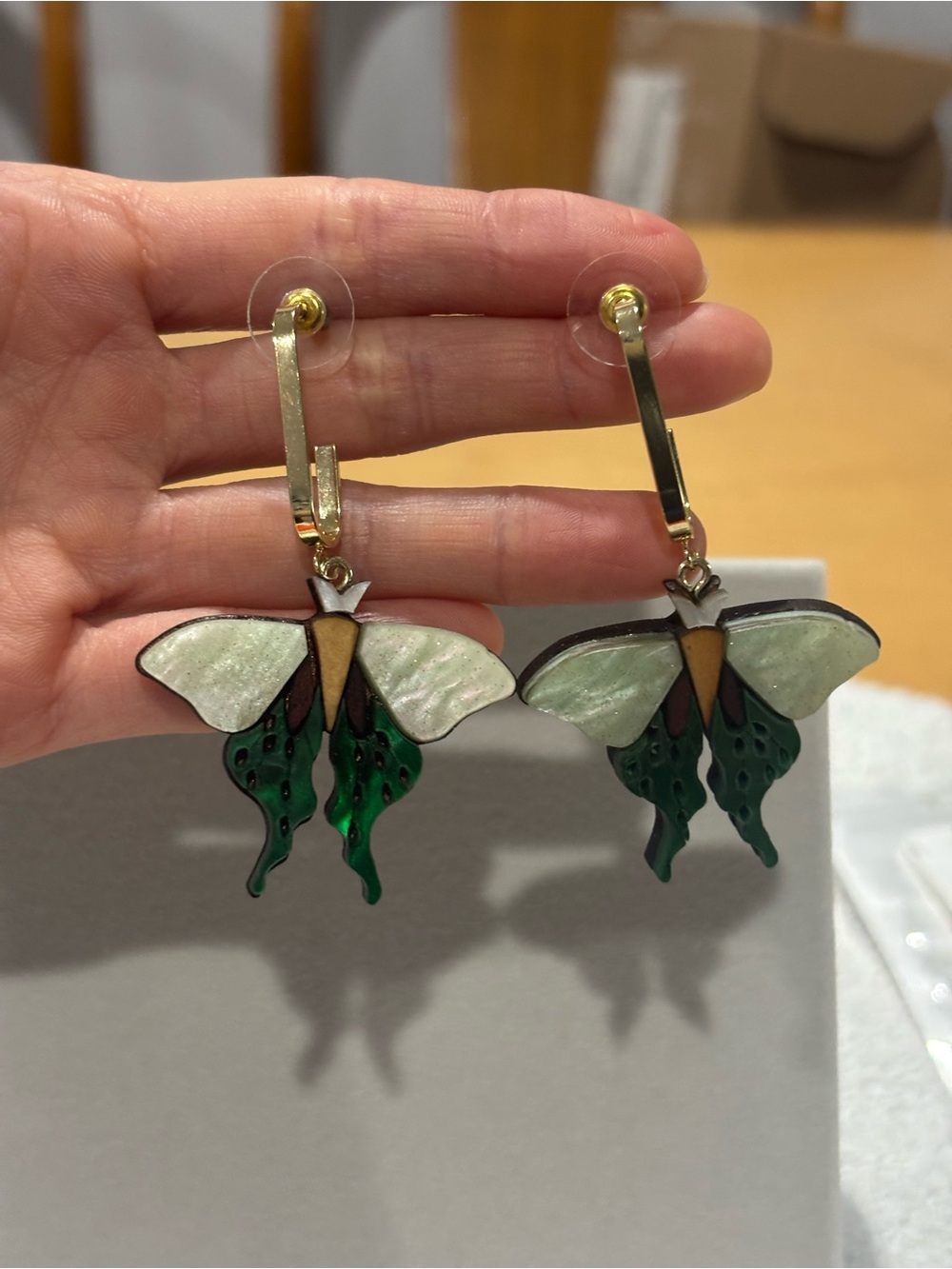 Green & White Butterfly Drop Earrings - Picture 7 of 14